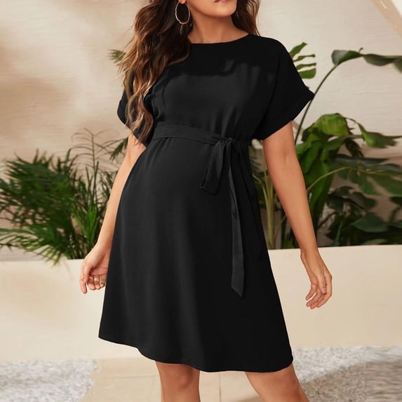 Fnooota Summer Dresses for Maternity, Crew Neck Casual Mid-length Short Sleeve Pregnancy Holiday Dresses Black Size XL