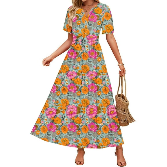 Fnooota Summer Dresses for Women 2025, Floral Print Trendy V-Neck Vacation Maxi Dresses Purple Size S