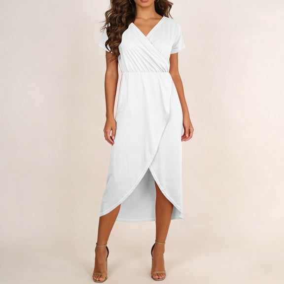 Fnooota Summer Dresses for Women 2026, Front Split V Neck Short Sleeve Casual Vacation Dresses White Size 3XL
