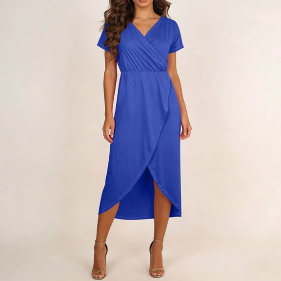 Fnooota Summer Dresses for Women 2026, Short Sleeve Casual Front Split V Neck Vacation Dresses Blue Size 2XL