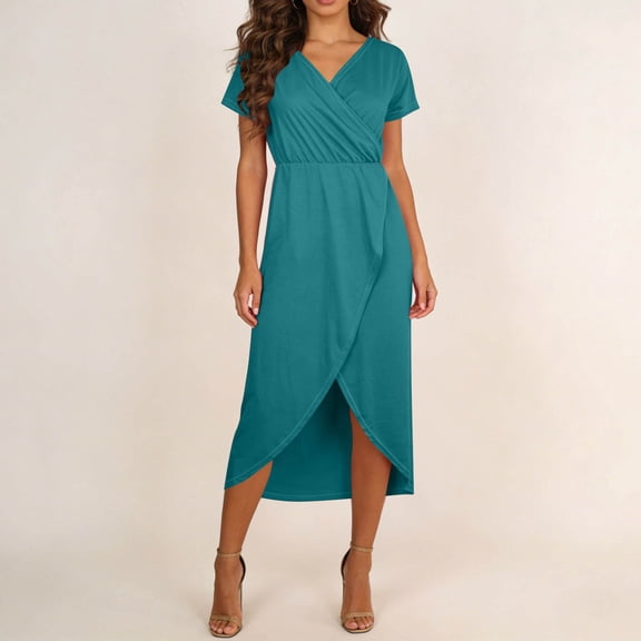 Fnooota Summer Dresses for Women 2026, V Neck Short Sleeve Front Split Casual Vacation Dresses Green Size XL