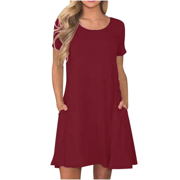 Fnooota Summer Dresses for Women, Short Sleeve Casual Loose Holiday Midi Dresses Wine Size M