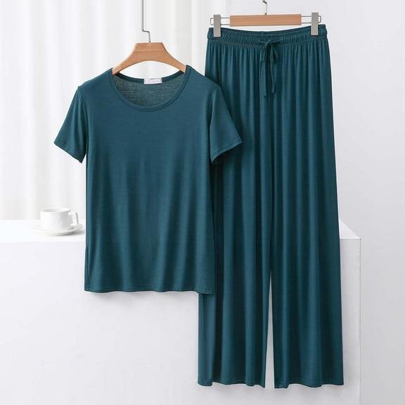 Fnooota Summer Pajama Sets for Women, Short Sleeve Crewneck Soft 2-Piece Sleepwear Sets Army Green Size 2XL