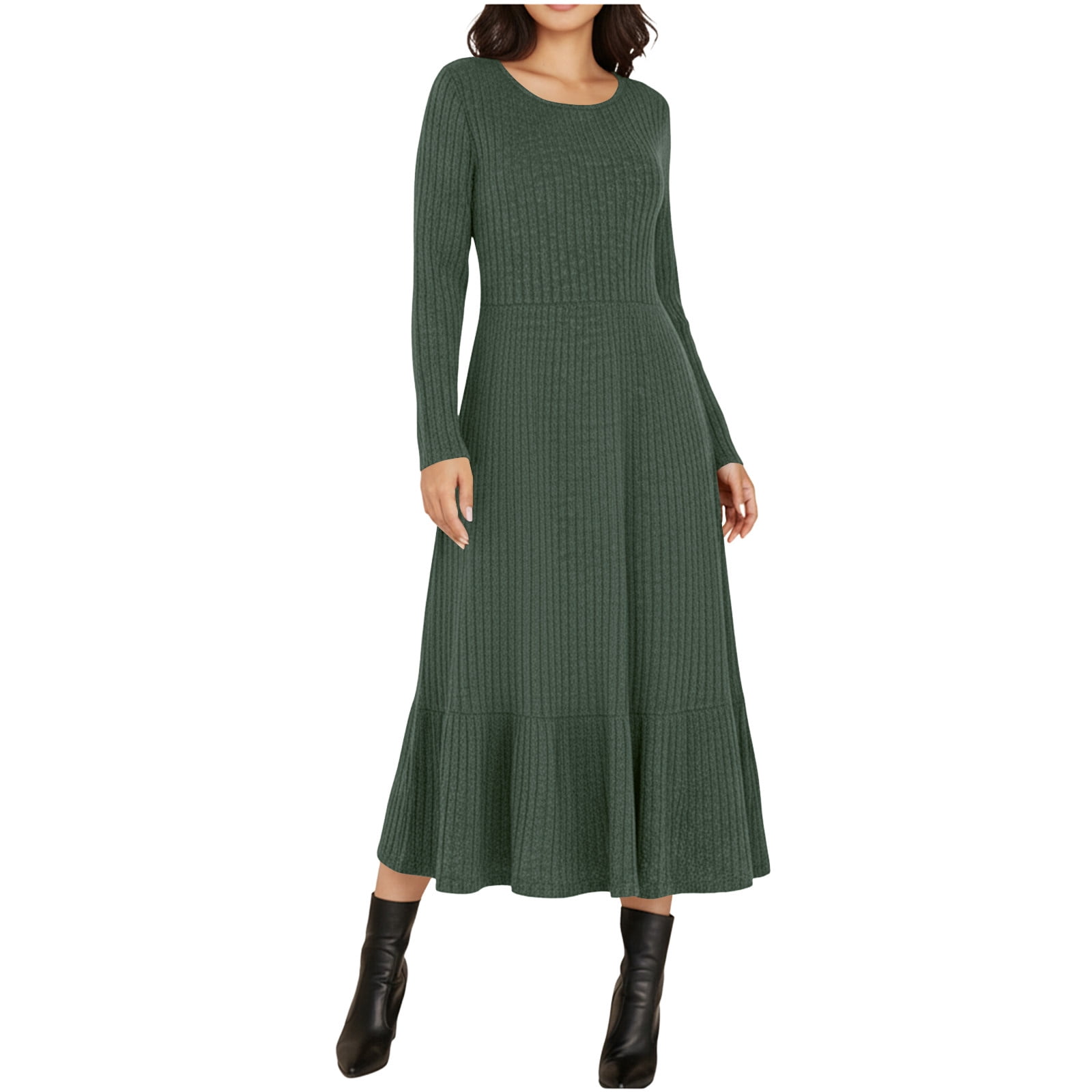 Sweater Dresses for Women, Knitted Crew Neck Long Sleeve Casual Womens Fall Dresses Army Green Size 2XL