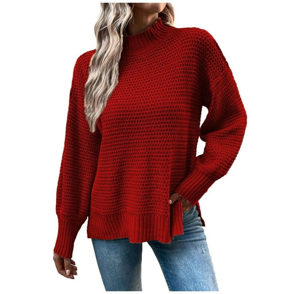 Fnooota Sweaters for Women, Crew Neck Long Sleeve Knit Lightweight Pullover Tops Red Size M