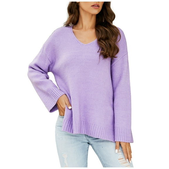 Fnooota Sweaters for Women, Lightweight Knit Long Sleeve V Neck Pullover Tops Purple Size L