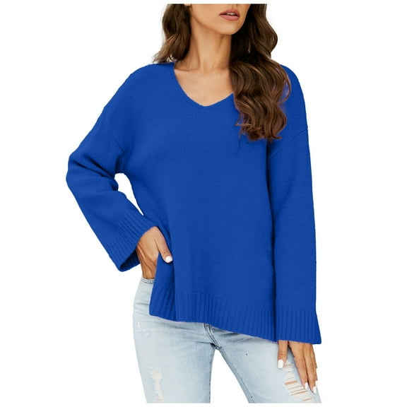 Fnooota Sweaters for Women, Lightweight Long Sleeve Knit V Neck Pullover Tops Blue Size L