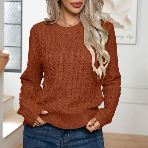 Fnooota Sweaters for Women, Long Sleeve Crew Neck Lightweight Knit Pullover Tops Brown Size L