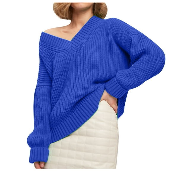 Fnooota Sweaters for Women, Long Sleeve Lightweight V Neck Casual Pullover Tops Blue Size L