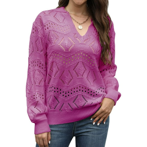 Fnooota Sweaters for Women, Long Sleeve V Neck Lightweight Knit Pullover Tops Hot Pink Size S