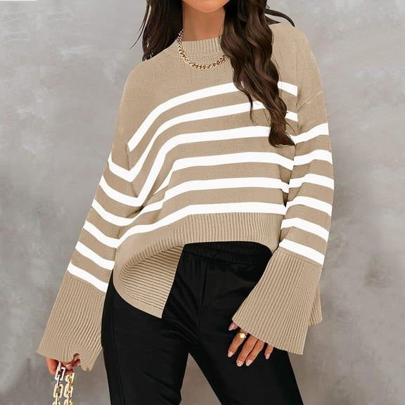 Fnooota Sweaters for Women, Stripe Crew Neck Lightweight Long Sleeve Pullover Tops Beige Size L