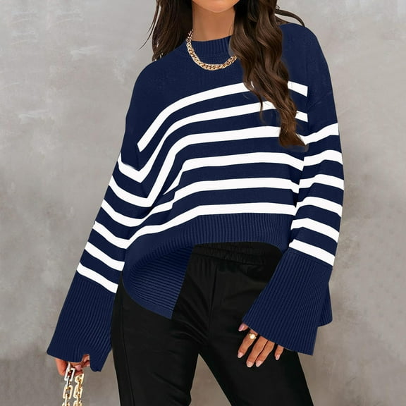 Fnooota Sweaters for Women, Stripe Long Sleeve Lightweight Crew Neck Pullover Tops Dark Blue Size S