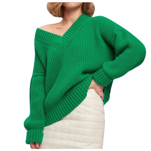Fnooota Sweaters for Women, V Neck Casual Lightweight Long Sleeve Pullover Tops Green Size L