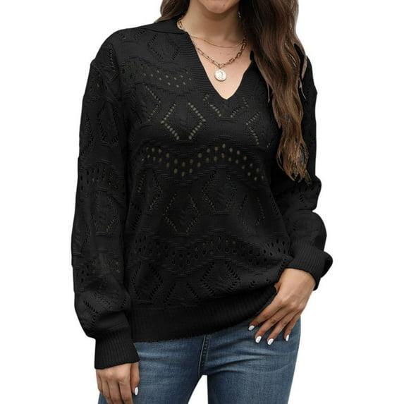 Fnooota Sweaters for Women, V Neck Knit Lightweight Long Sleeve Pullover Tops Black Size XL