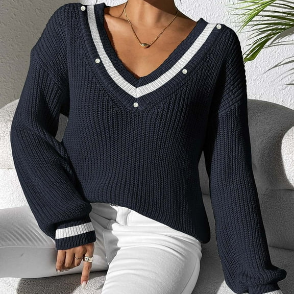 Fnooota Sweaters for Women, V Neck Lightweight Long Sleeve Casual Pullover Tops Blue Size L