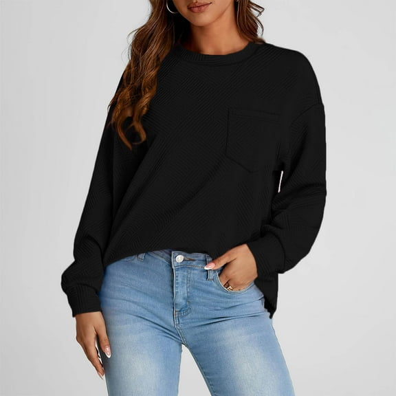 Fnooota Sweatshirts for Women, Long Sleeve Casual Pullover Spring Fall Tops Black Size S