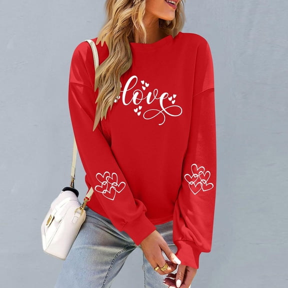 Fnooota Sweatshirts for Women, Pullover Fashion Crew Neck Long Sleeve Valentine's Day Tops Red Size S