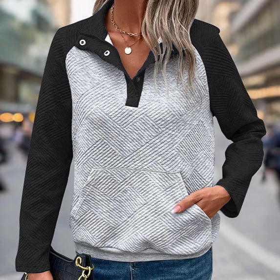 Fnooota Sweatshirts for Women, Pullover Long Sleeve Buttons Casual Spring and Autumn Tops Black Size L