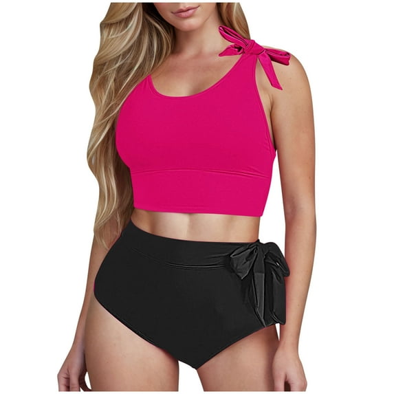 Fnooota Swim Suits for Women 2025, 2 Piece High Waisted Athletic Swim Tops with Boyshorts Hot Pink Size S