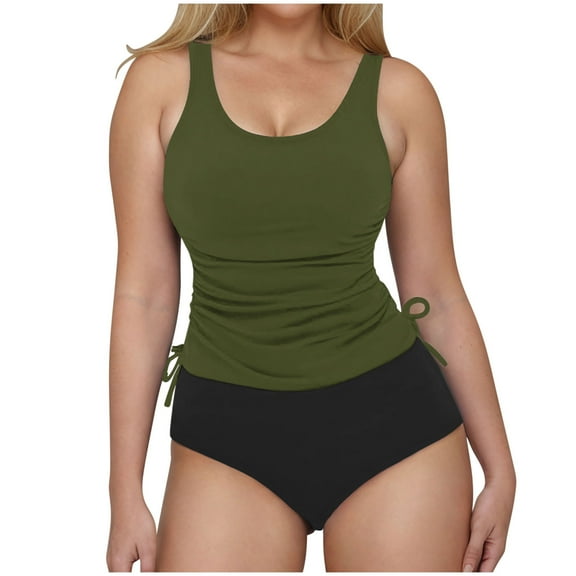 Cethrio Swim Suits for Women 2025, Two Piece V Neck Summer Tops with Boyshorts Bathing Suits Army Green Size M