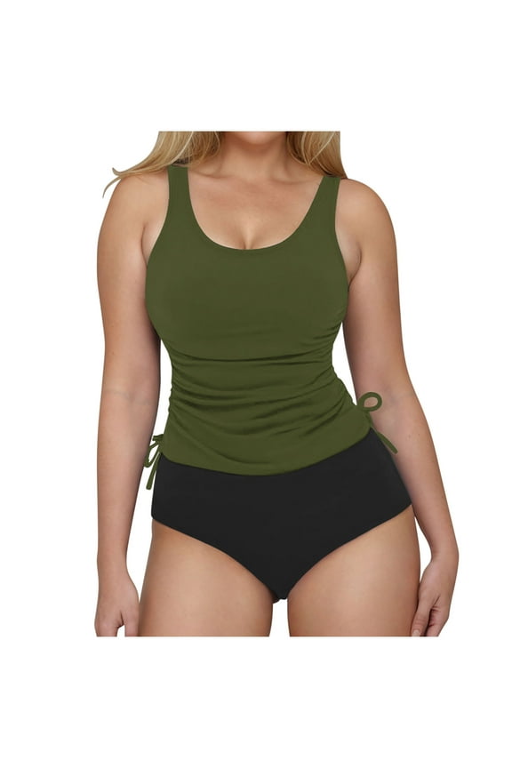 Swim Suits for Women 2025, V Neck Two Piece Summer Tops with Boyshorts Bathing Suits Army Green Size L