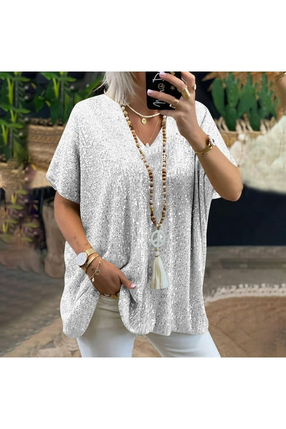T Shirts for Women, Loose Fit Sequin Short Sleeve Fashion Ladies Shirts Silver Size 2XL