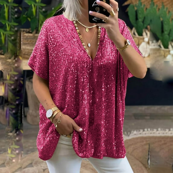 Fnooota T-Shirts for Women, V-Neck Loose Short Sleeve Sequin Summer Tops Hot Pink Size 3XL