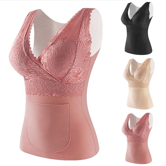 Fnooota Tank Tops for Women, Plus Size Warm Sleeveless Thermal Underwear with Built Beige Size L