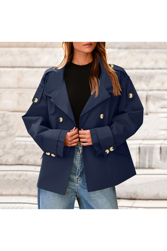 Trench Coats for Women, Casual Loose Fit Double Breasted Lapel Collar Fall Outerwear with Pockets Navy Size 2XL
