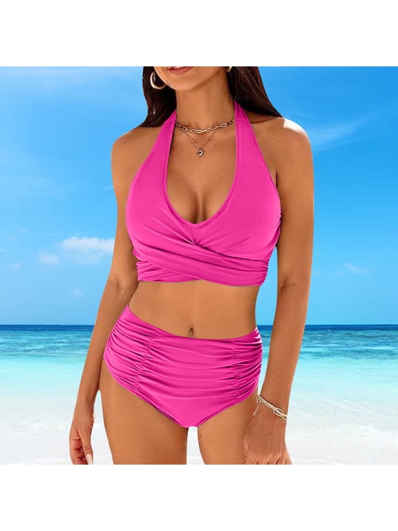 Two Piece Swimsuits for Women, Quick-dry High Waisted Bathing Suits Swim Tops with Bottoms Hot Pink Size M