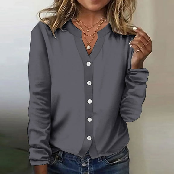 Fnooota V Neck Tops for Women, Casual Buttons Long Sleeve Spring and Autumn Blouses Dark Gray Size L