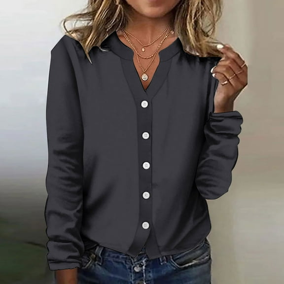 Fnooota V Neck Tops for Women, Long Sleeve Casual Buttons Spring and Autumn Blouses Black Size XL