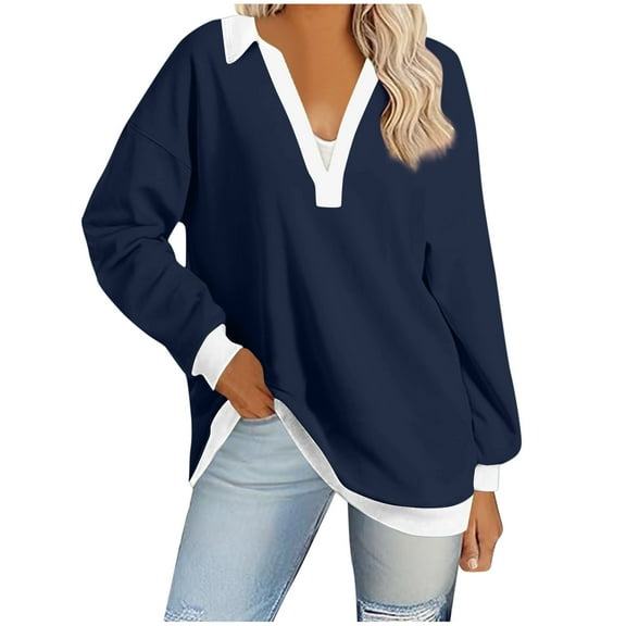 Fnooota V Neck Tops for Women, Long Sleeve Casual Pullover Spring and Autumn Blouses Navy Size 2XL