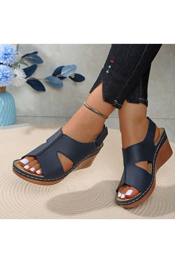 Wedge Sandals for Women, Non-slip Ankle Strap Open Toe Casual Chunky Sandals Navy Size 8.5