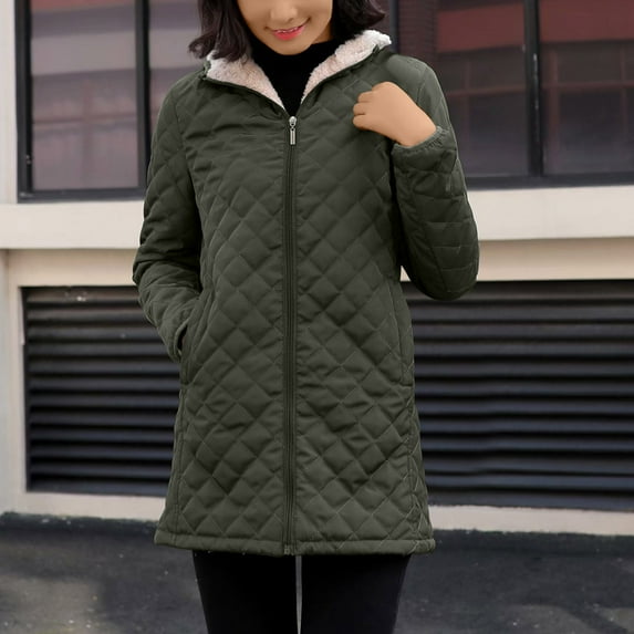 Fnooota Winter Coat for Women, Warm Windproof Full Zip Mid-length Jacket with Pockets Army Green Size 2XL