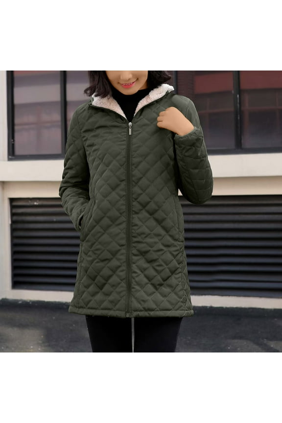 Winter Coat for Women, Warm Windproof Full Zip Mid-length Jacket with Pockets Army Green Size 2XL