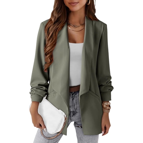 Fnooota Women Blazers with Pockets, Business Casual Lightweight Long Sleeve Work Jackets Army Green Size XL