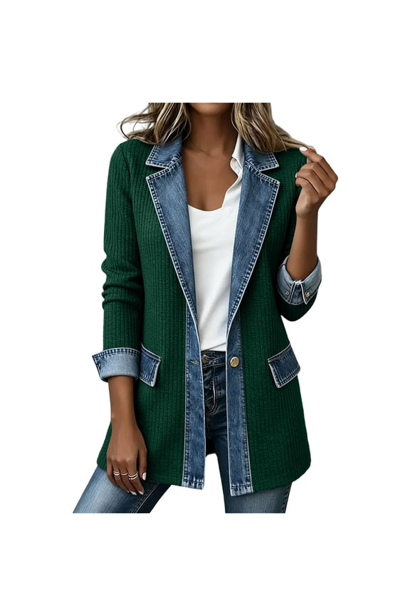 Women Denim Patchwork Ribbed Knit Shackets, Casual Collared Button Front Long Sleeve Shirt Jacket Outerwear Green Size M