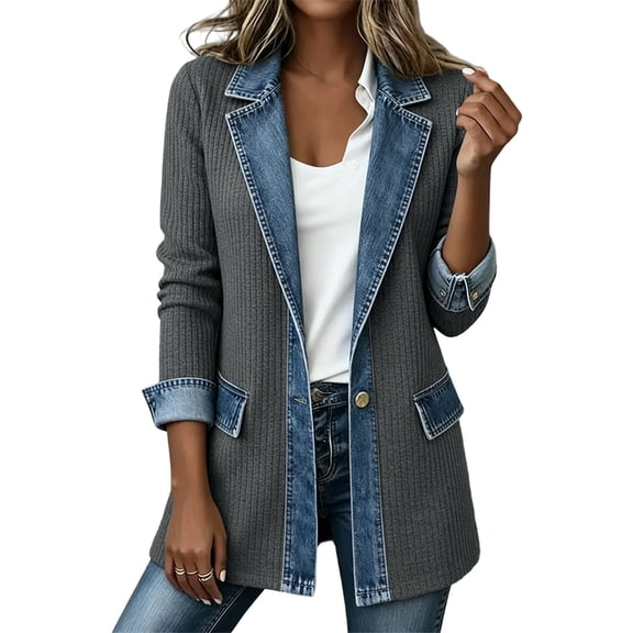Fnooota Women Denim Patchwork Ribbed Knit Shackets, Casual Long Sleeve Button Front Collared Shirt Jacket Outerwear Dark Gray Size S-2XL