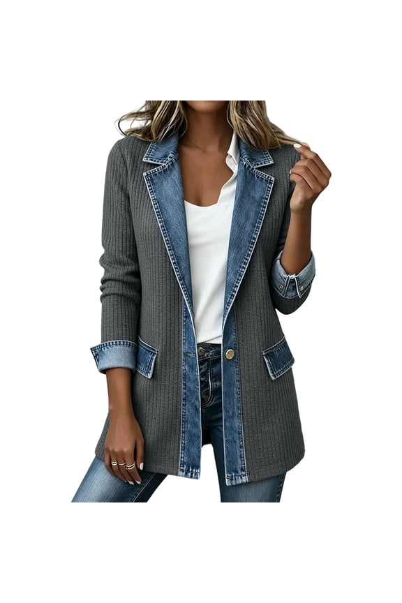 Women Denim Patchwork Ribbed Knit Shackets, Long Sleeve Button Front Collared Casual Shirt Jacket Outerwear Dark Gray Size XL