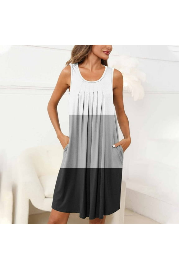 Women Nightgowns with Pockets, Color Block Sleeveless Loose Pleated Summer Sleepshirts White Size 2XL