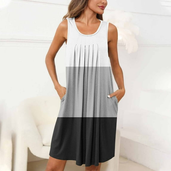 Fnooota Women Nightgowns with Pockets, Pleated Loose Color Block Sleeveless Summer Sleepshirts White Size S-2XL