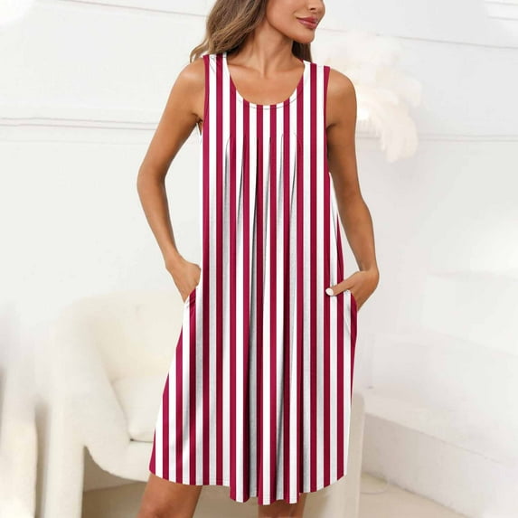 Fnooota Women Nightgowns with Pockets, Sleeveless Casual Stripe Pleated Summer Sleepshirts Pink Size M
