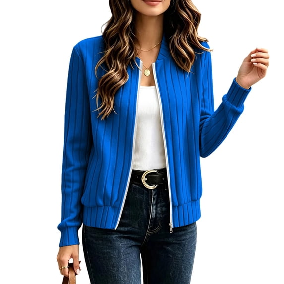 Fnooota Women Ribbed Knit Zip Up Jackets, Casual Long Sleeve Crew Neck Fall Cardigan Jackets Blue Size L