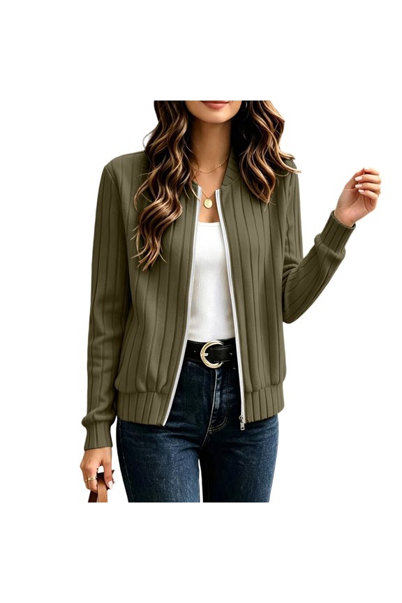 Women Ribbed Knit Zip Up Jackets, Crew Neck Casual Long Sleeve Fall Cardigan Jackets Army Green Size M