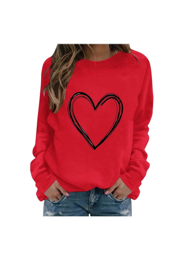 Women Valentine's Day Sweatshirts, Crew Neck Casual Fashion Pullover Long Sleeve Tops Red Size 2XL