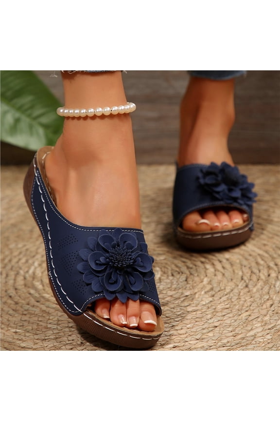 Women Wedge Sandals, Non-slip Open Toe Summer Beach Flat Sandals Navy Size 8.5