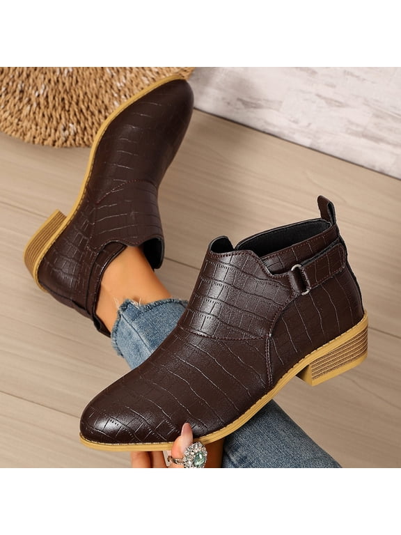 Women's Ankle Booties, Non Slip Fashion Block Heel Side Buckle Strap Fall Winter Shoes Brown Size 7.5