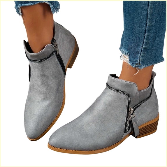 Fnooota Women's Ankle Booties, Side Zipper Block Heel Pointed Toe Non Slip Fall Winter Shoes Gray Size 8.5