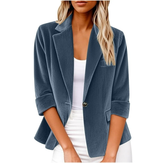 Fnooota Women's Blazer Jackets, Business Lapel 3/4 Sleeve Casual Work Office Blazers Dark Blue Size M